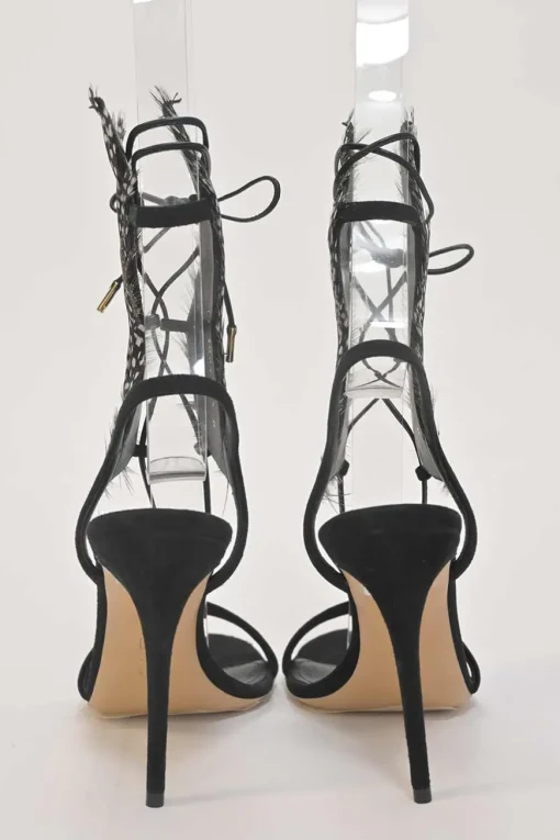 Black dot feather-trimmed suede Wing lace-up heeled sandals