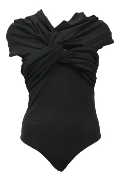 Black draped cotton-blend twist-front Cerise off-shoulder jersey knit thong bodysuit