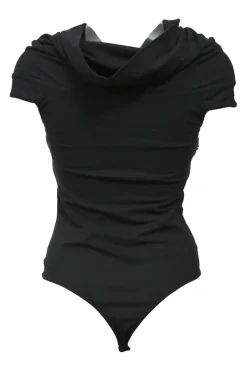Black draped cotton-blend twist-front Cerise off-shoulder jersey knit thong bodysuit