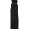Black draped silk Grecian halter-neck wide-leg jumpsuit with self-tie fastening at nape