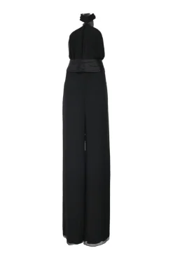 Black draped silk Grecian halter-neck wide-leg jumpsuit with self-tie fastening at nape