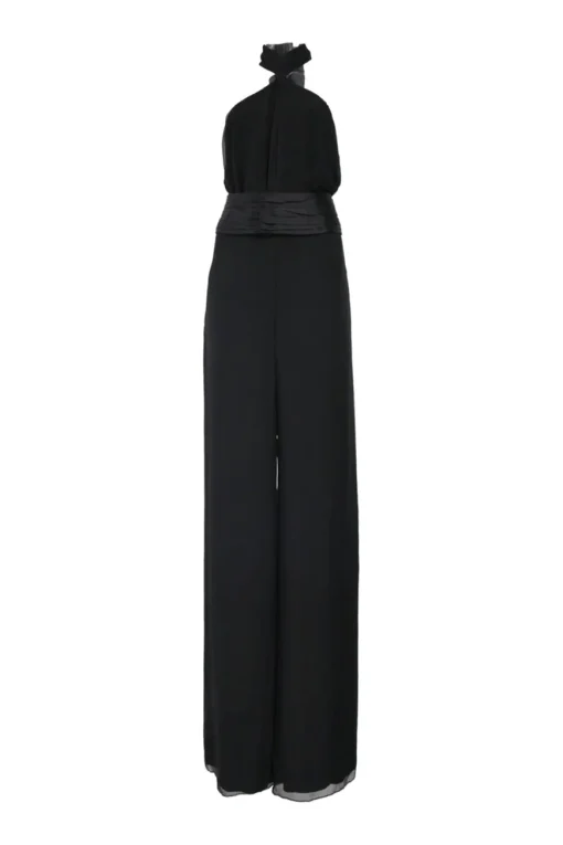 Black draped silk Grecian halter-neck wide-leg jumpsuit with self-tie fastening at nape
