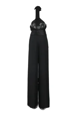Black draped silk Grecian halter-neck wide-leg jumpsuit with self-tie fastening at nape