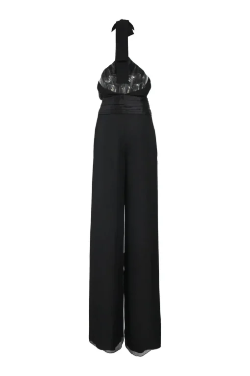 Black draped silk Grecian halter-neck wide-leg jumpsuit with self-tie fastening at nape