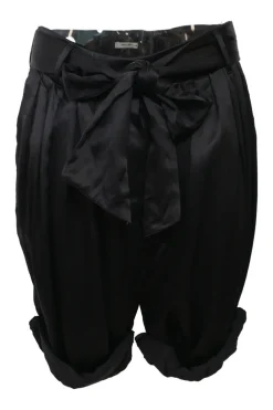 Black draped silk satin tie-waist Bloomer bermuda shorts with turn-up cuffs