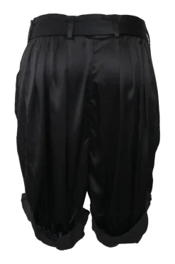 Black draped silk satin tie-waist Bloomer bermuda shorts with turn-up cuffs