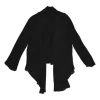 Black draped silk stand collar open-front cardigan with button loop fastening at centre front