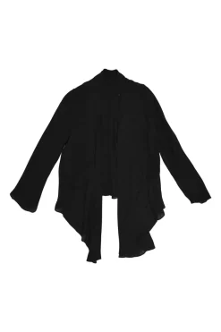 Black draped silk stand collar open-front cardigan with button loop fastening at centre front