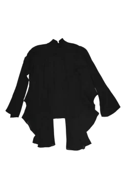 Black draped silk stand collar open-front cardigan with button loop fastening at centre front