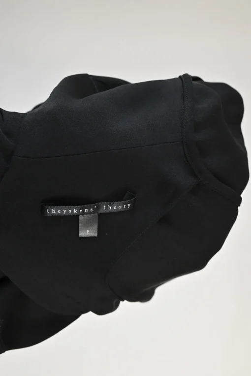 Black draped silk stand collar open-front cardigan with button loop fastening at centre front