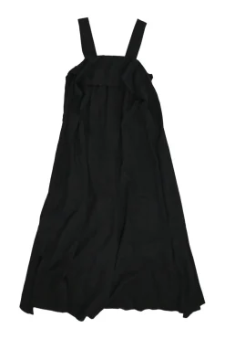 Black draped Tencel-linen blend pullover swing-style overalls with fixed straps