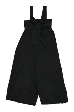 Black draped Tencel-linen blend pullover swing-style overalls with fixed straps