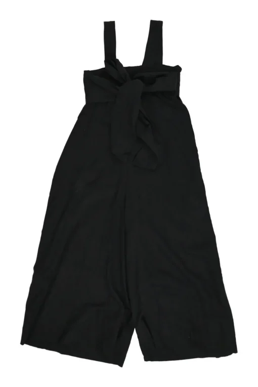 Black draped Tencel-linen blend pullover swing-style overalls with fixed straps