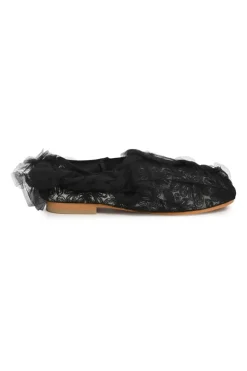 Black draped tulle and leather slip-on ballerinas