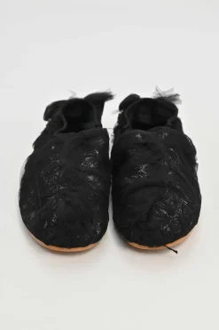 Black draped tulle and leather slip-on ballerinas