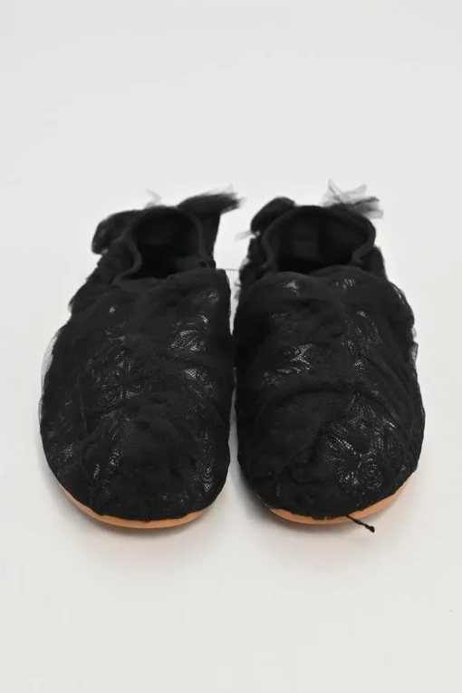 Black draped tulle and leather slip-on ballerinas