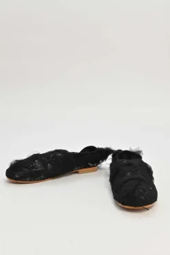 Black draped tulle and leather slip-on ballerinas