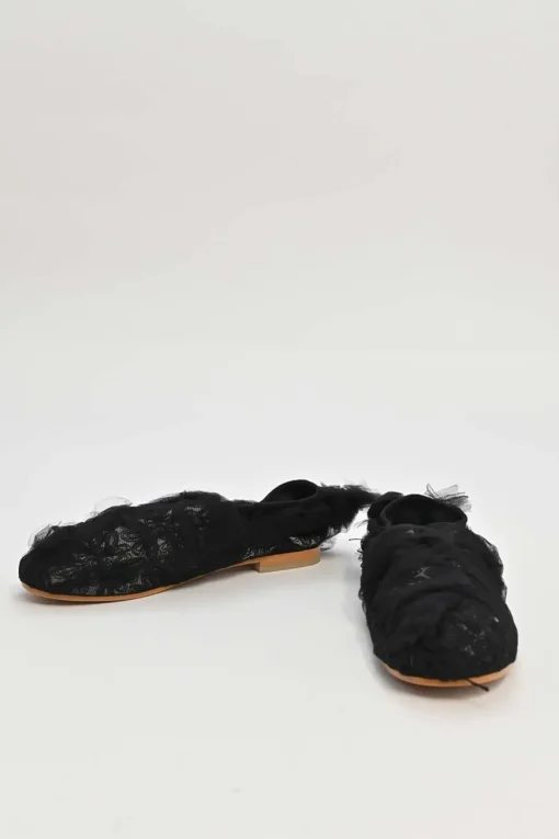 Black draped tulle and leather slip-on ballerinas