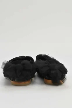 Black draped tulle and leather slip-on ballerinas