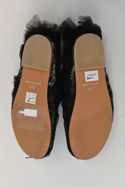 Black draped tulle and leather slip-on ballerinas