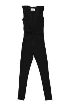 Black draped viscose-blend plunge neck sleeveless jersey knit jumpsuit