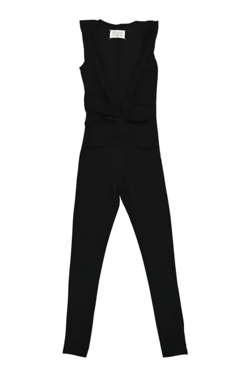 Black draped viscose-blend plunge neck sleeveless jersey knit jumpsuit