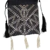 Black drawstring pouch with tassels, silver crystal and bead embellishment