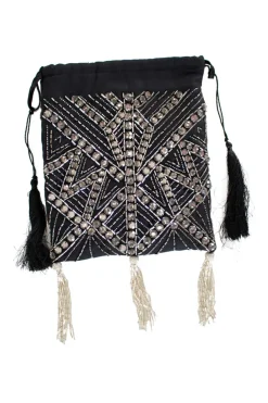 Black drawstring pouch with tassels, silver crystal and bead embellishment