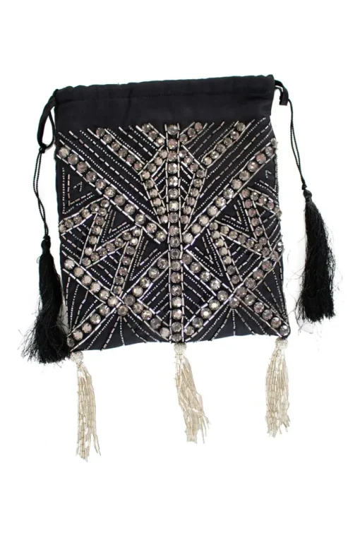 Black drawstring pouch with tassels, silver crystal and bead embellishment