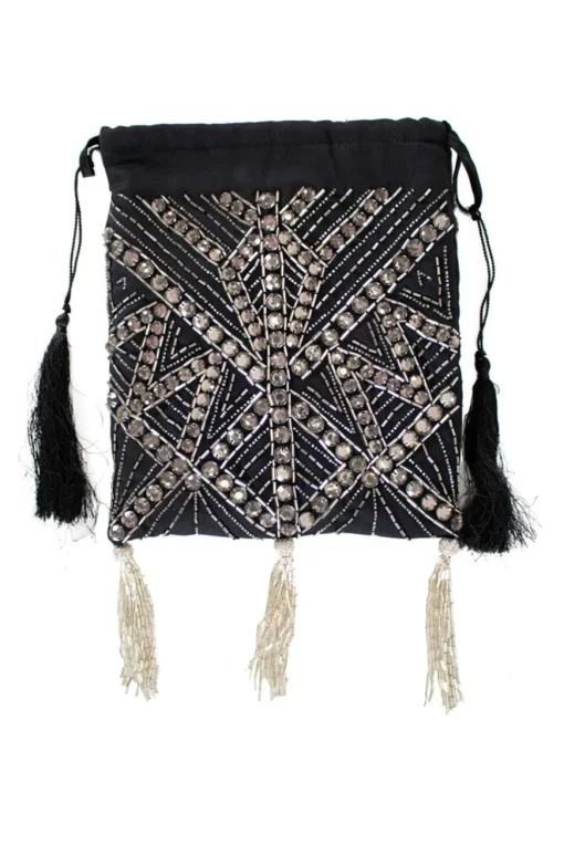 Black drawstring pouch with tassels, silver crystal and bead embellishment