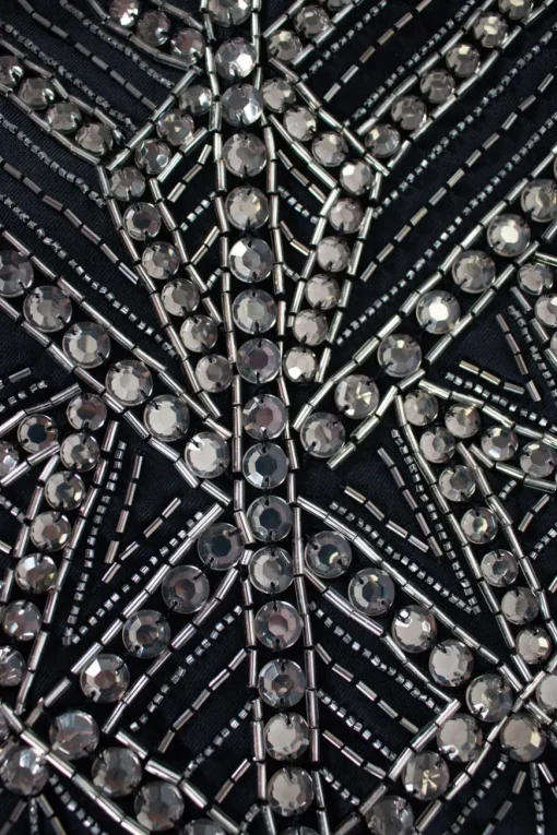 Black drawstring pouch with tassels, silver crystal and bead embellishment