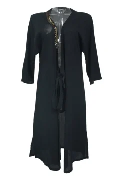 Black embellished bias-cut cotton dolman sleeve lounge robe with adjustable self-tie fastening at waist