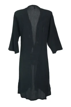 Black embellished bias-cut cotton dolman sleeve lounge robe with adjustable self-tie fastening at waist