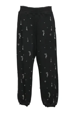 Black embellished cotton French terry high-rise joggers featuring drip crystal appliqué