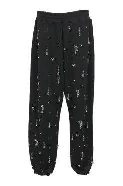 Black embellished cotton French terry high-rise joggers featuring drip crystal appliqué