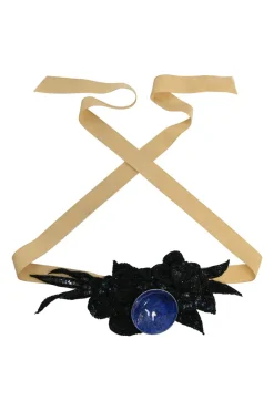 Black embellished sequin flower choker with adjustable grosgrain ribbon tie
