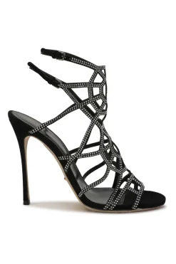 Black embellished suede and leather Paradise caged slingback heeled sandals with buckle strap fastening