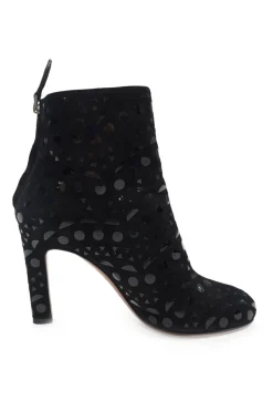 Black embellished suede and leather almond-toe block heel ankle booties featuring geometric transfer motif