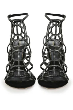 Black embellished suede and leather Paradise caged slingback heeled sandals with buckle strap fastening