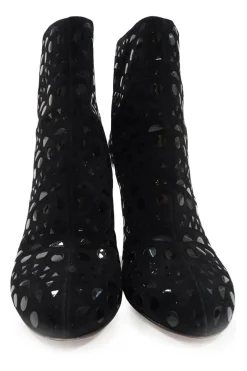 Black embellished suede and leather almond-toe block heel ankle booties featuring geometric transfer motif