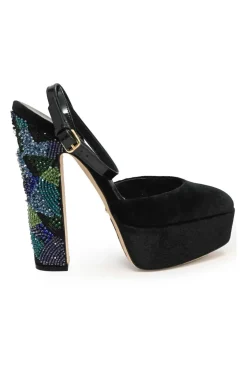 Black embellished velvet and leather almond-toe block heel platform pumps with ankle wrap buckle fastening