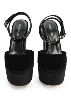 Black embellished velvet and leather almond-toe block heel platform pumps with ankle wrap buckle fastening