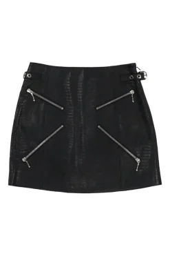 Black embossed lambskin pull-on biker mini skirt with slanted zip pockets