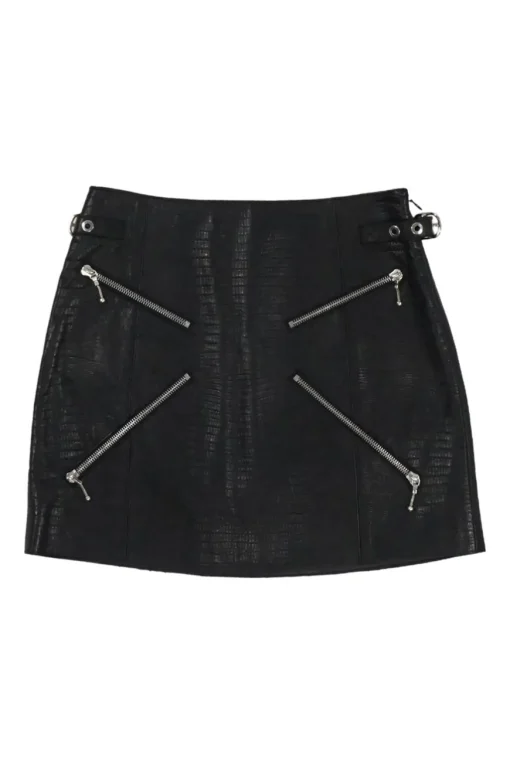 Black embossed lambskin pull-on biker mini skirt with slanted zip pockets