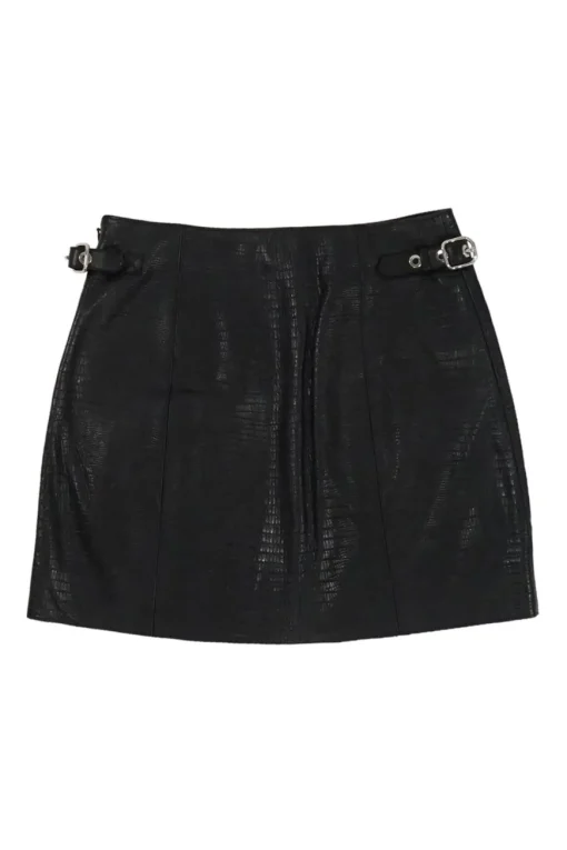Black embossed lambskin pull-on biker mini skirt with slanted zip pockets