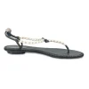 Black faux-pearl embellished leather thong sandals with adjustable buckle ankle strap