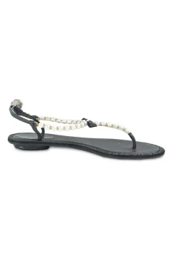 Black faux-pearl embellished leather thong sandals with adjustable buckle ankle strap