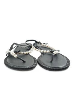 Black faux-pearl embellished leather thong sandals with adjustable buckle ankle strap