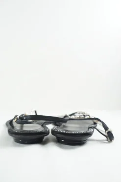 Black faux-pearl embellished leather thong sandals with adjustable buckle ankle strap