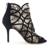 Black floral lace and suede heeled open-toe zip-up ankle booties